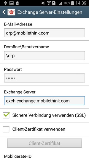 Geben Sie Benutzername und Exchange Server-Adresse ein