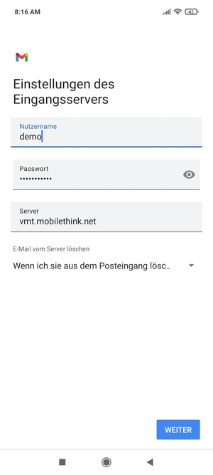 Geben Sie Benztzername und die Server-Adresse für eingehende Post ein. Wählen Sie WEITER