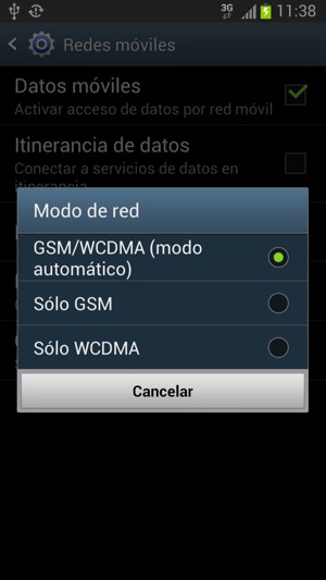 Seleccione Sólo GSM para habilitar 2G y GSM/WCDMA para habilitar 3G