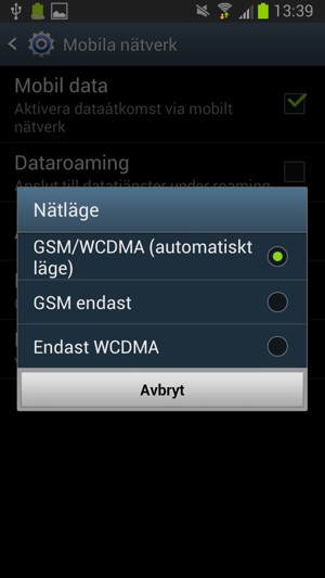 Välj GSM endast för att aktivera 2G och GSM/WCDMA för att aktivera 3G