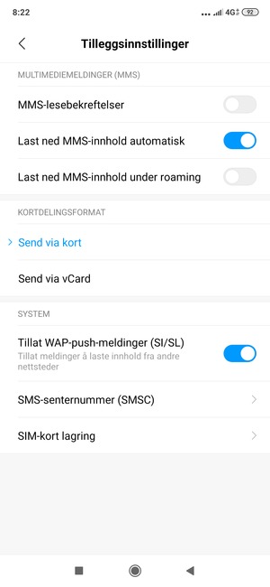 Velg SMS-senternummer (SMSC)