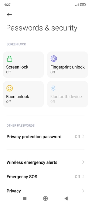 To activate your screen lock, return to the Passwords & security menu and select Screen lock