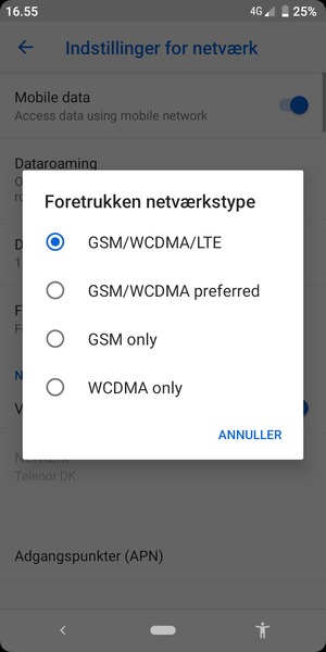 Vælg GSM/WCDMA for at aktivere 3G og vælg GSM/WCDMA/LTE for at aktivere 4G