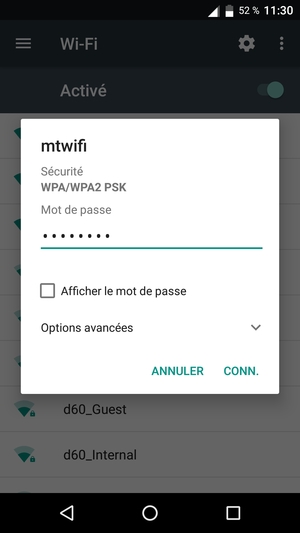 Saisissez le mot de passe du Wi-Fi et sélectionnez CONN.