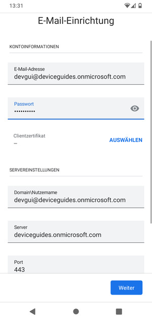 Geben Sie Benutzername und Exchange Server-Adresse ein. Wählen Sie Weiter