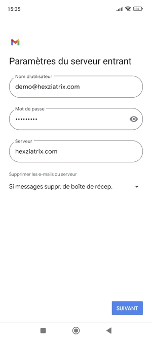 Saisissez votre Nom d'utilisateur et l'adresse du serveur entrant. Sélectionnez SUIVANT