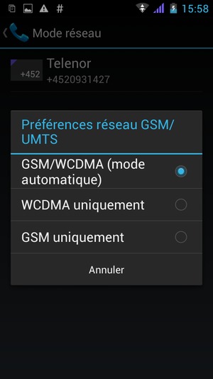 Sélectionnez GSM uniquement pour activer la 2G et WCDMA/GSM (mode automatique) pour activer la 3G