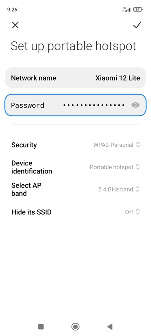 Enter a Wi-Fi hotspot password of at least 8 characters and select SAVE