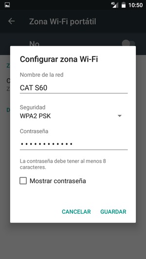 Introduzca una contraseña de punto de acceso Wi-Fi de al menos 8 caracteres y seleccione GUARDAR