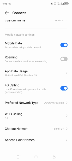 Scroll to and select Preferred Network Type