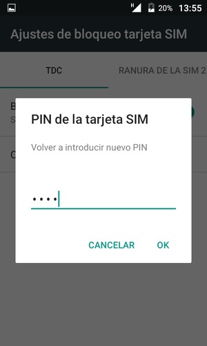 Confirme su nuevo PIN de la tarjeta SIM y seleccione OK