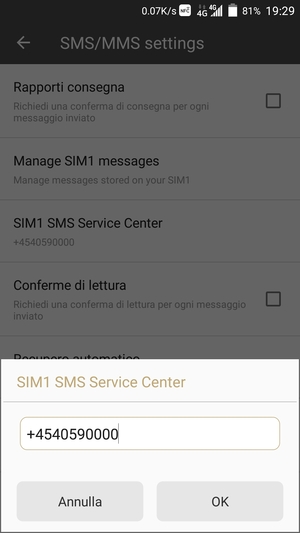 Inserisci il numero di SIM SMS Service Center e seleziona OK