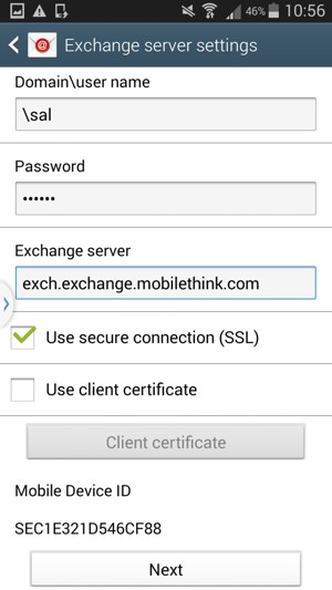 Enter User name and Exchange server address. Select Next