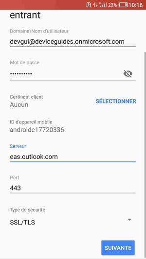 Saisissez votre Nom d'utilisateur et l'adresse du serveur Exchange. Sélectionnez SUIVANTE