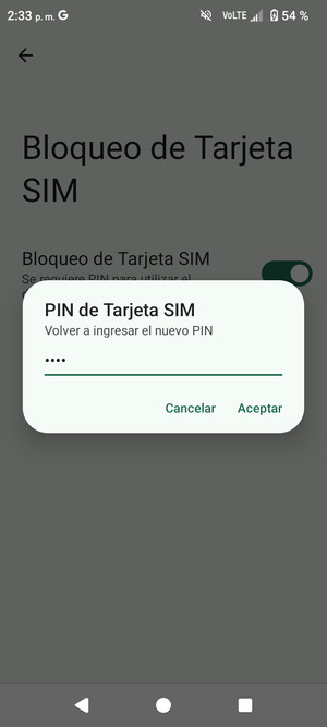 Confirme su nuevo PIN de tarjeta SIM y seleccione Aceptar