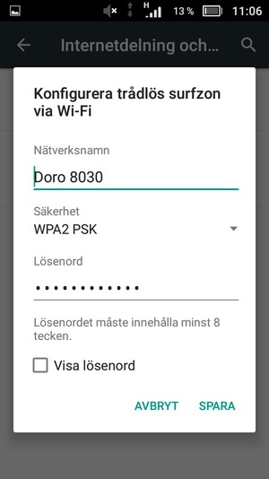 Ange ett lösenord för Wi-Fi-hotspoten, bestående av minst 8 tecken och välj SPARA