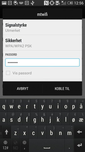 Skriv inn Wi-Fi passord og velg KOBLE TIL