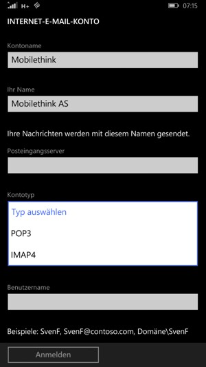 Wählen Sie Kontotyp und POP3 oder IMAP4