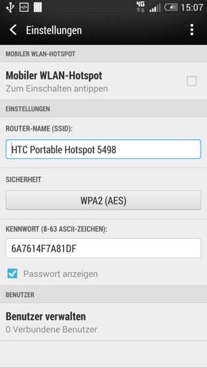 Geben Sie ein Passwort mit mindestens 8 Zeichen ein und aktivieren Sie das Kontrollkästchen Mobiler WLAN-Hotspot