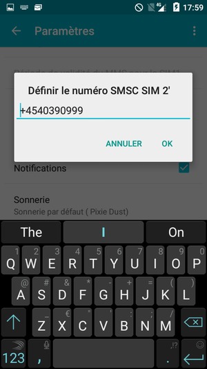 Saisissez le Numéro SMSC SIM et sélectionnez OK