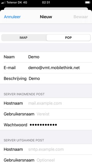 Selecteer POP of IMAP en voer e-mailgegevens voor SERVER INKOMENDE POST in