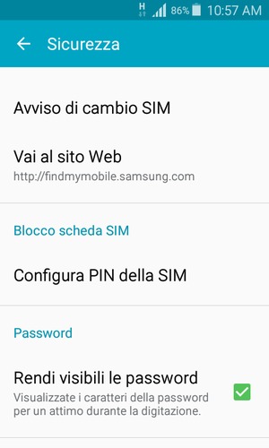 Scorri e seleziona Configura PIN della SIM