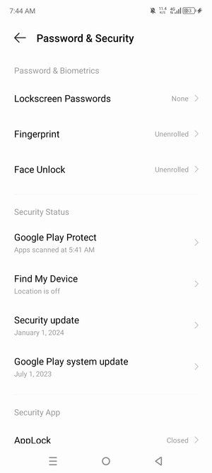 To activate your screen lock, go to the Password & Security menu and select Lockscreen Passwords
