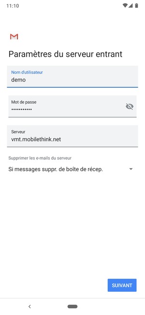 Saisissez votre Nom d'utilisateur et l'adresse du serveur entrant. Sélectionnez SUIVANT