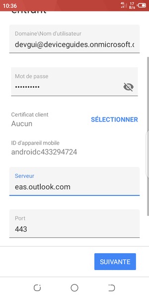 Saisissez votre Nom d'utilisateur et l'adresse du serveur Exchange. Sélectionnez SUIVANTE