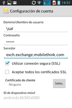 Introduzca Nombre de usuario y del dirección de servidor Exchange
