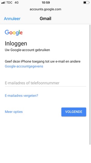 Voer uw Gmail  adres in en selecteer VOLGENDE
