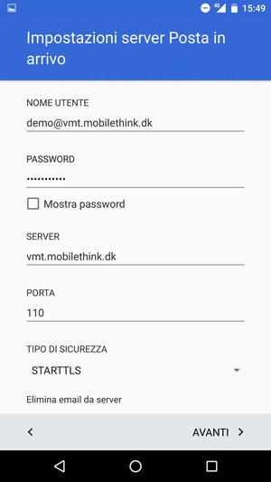 Inserisci Nome utente e l'indirizzo del server di posta in arrivo