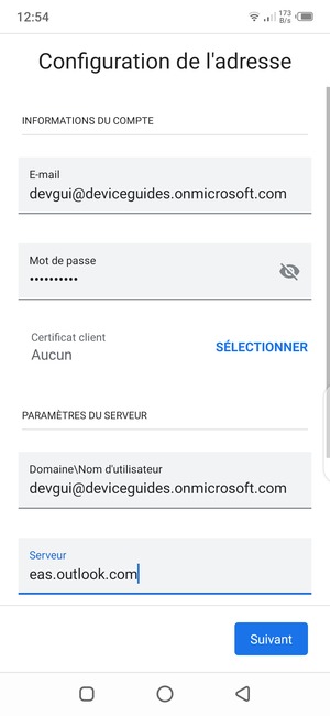 Saisissez votre Nom d'utilisateur et l'adresse du serveur Exchange. Sélectionnez Suivant