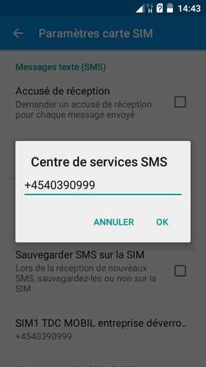 Saisissez le numéro du Centre de services SMS et sélectionnez OK