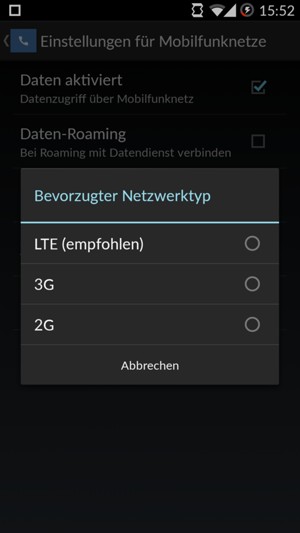 Wählen Sie 3G, um 3G zu aktivieren und LTE (empfohlen), um 4G zu aktivieren