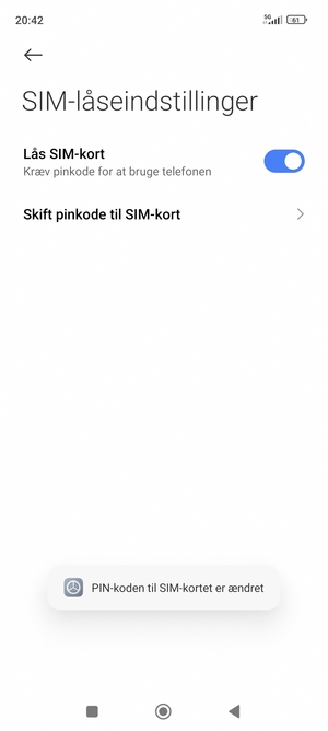 Din PIN-kode til SIM-kort er nu ændret