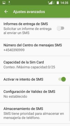 Seleccione Número del Centro de mensajes SMS