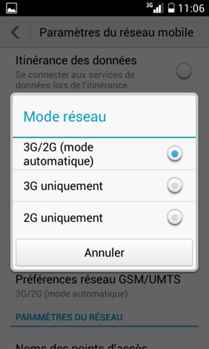 Sélectionnez 2G uniquement pour activer la 2G et 3G/2G (mode automatique) pour activer la 3G