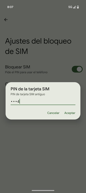 Introduzca su PIN de tarjeta SIM antiguo y seleccione Aceptar