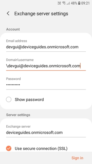 Enter Username and Exchange server address. Select Sign in