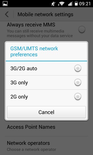 Select 2G only to enable 2G and 3G/2G auto to enable 3G