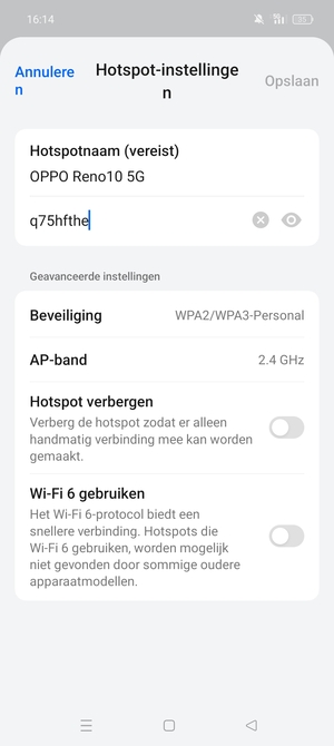 Voer een wachtwoord van een WiFi-hotspot in van ten minste 8 tekens en selecteer Opslaan