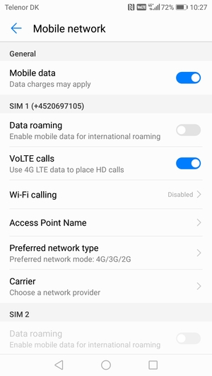 Scroll to SIM 1 or SIM 2 and select Preferred network type