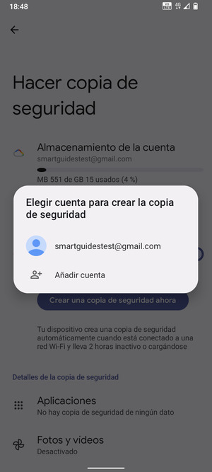 Seleccione su cuenta de copia de seguridad