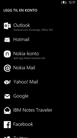 Velg Google (Gmail) eller Hotmail