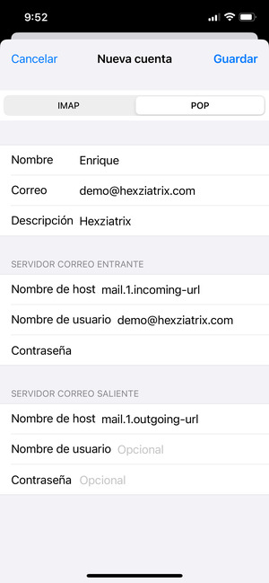 Introduzca la información correo para el SERVIDOR CORREO SALIENTE y seleccione Guardar