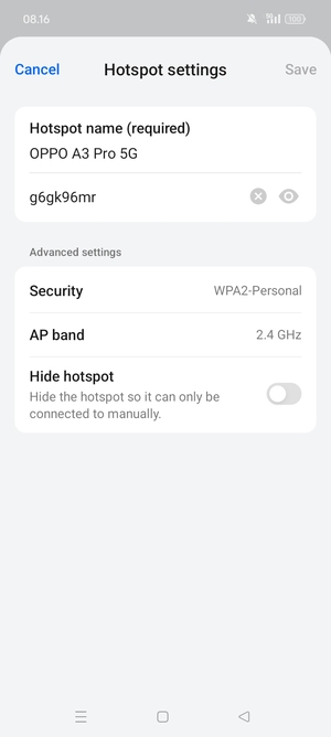 Enter a Wi-Fi hotspot password of at least 8 characters and select Save