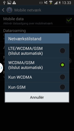 Vælg Kun GSM for at aktivere 2G og GSM/WCDMA (tilslut automatisk) for at aktivere 3G
