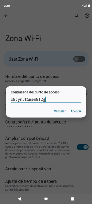 Introduzca una contraseña de punto de acceso Wi-Fi de al menos 8 caracteres y seleccione Aceptar