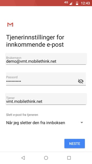 Skriv inn Brukernavn og innkommende serveradresse. Velg NESTE